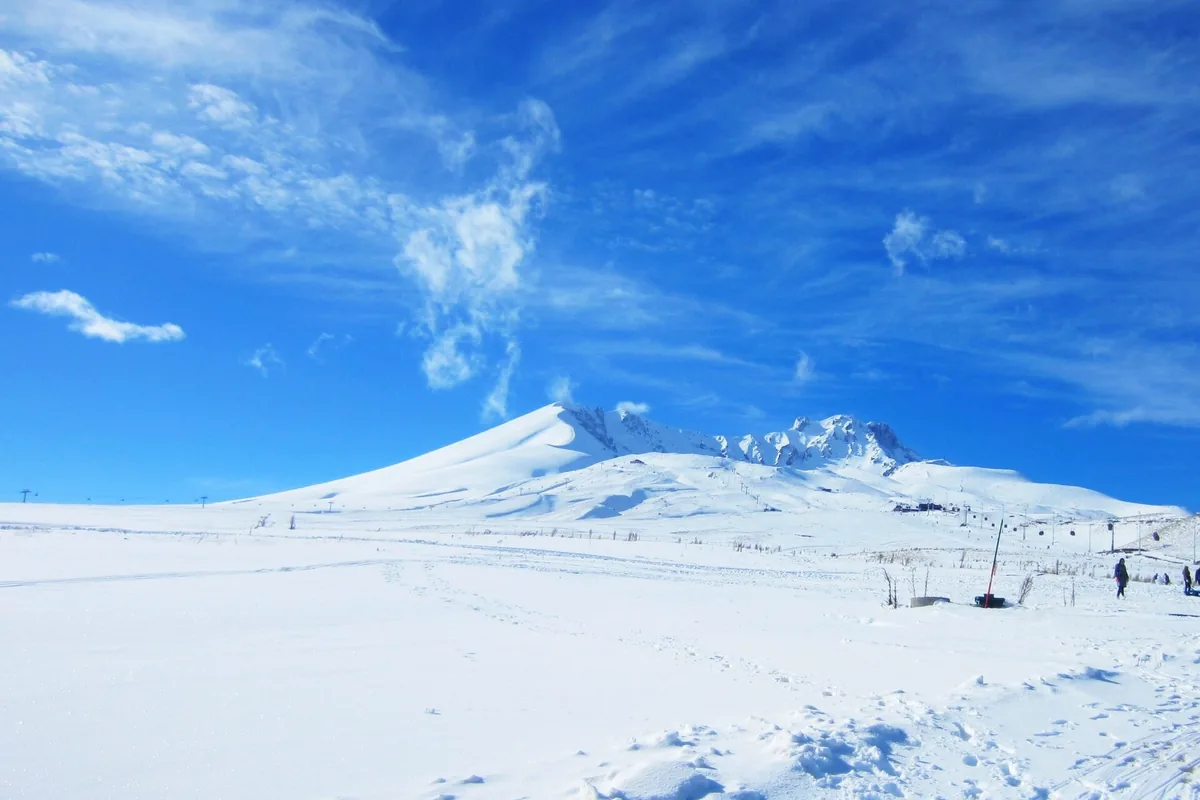 Erciyes'te karla kaplı kayak pisti ve açık gökyüzü