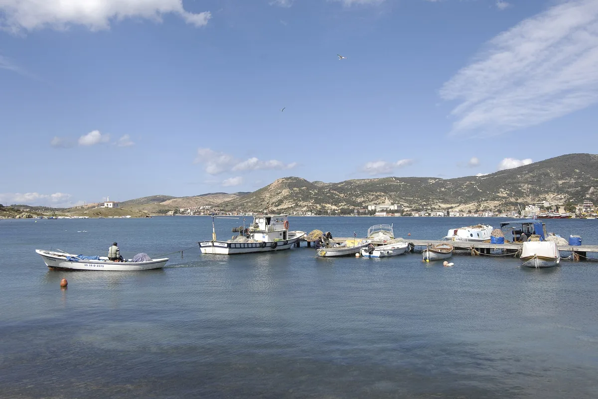 Foça balıkçı limanında demirli tekneler
