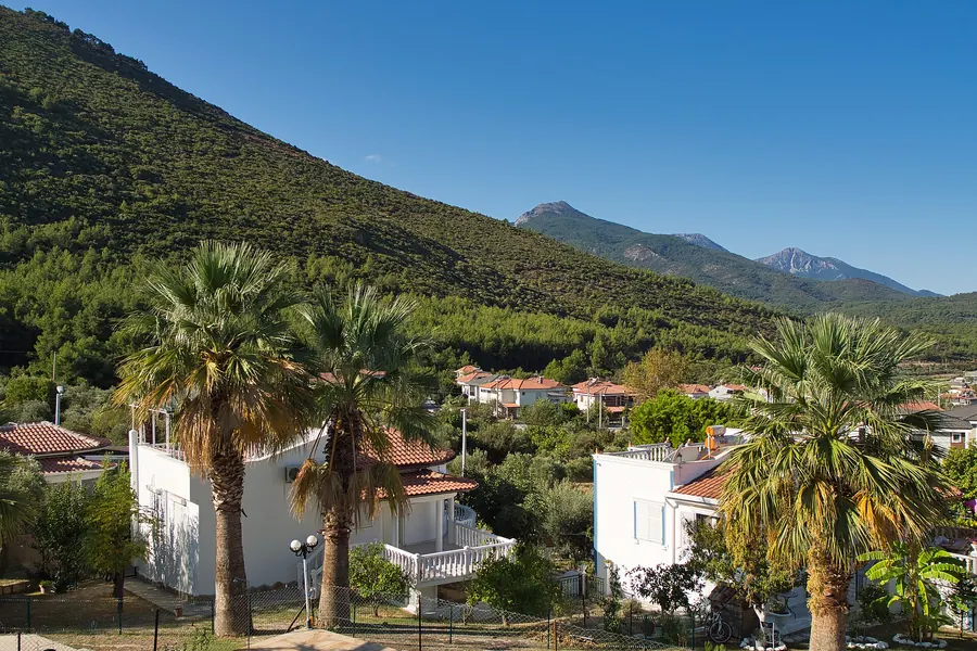 Güzelçamlı yerleşimi, palmiyeler ve arkada Dilek Yarımadası dağları