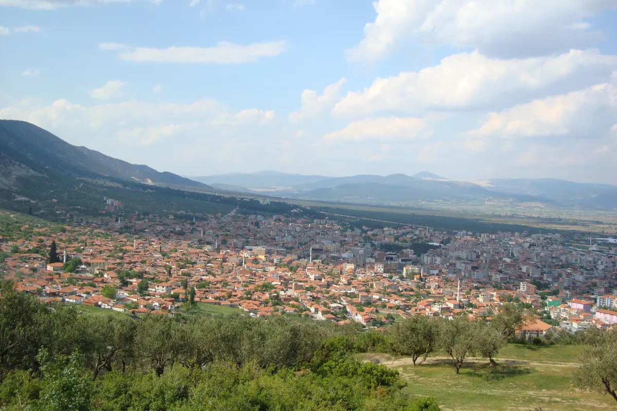 Kırkağaç'ın zeytin ağaçlı tepeden görünümü, kiremit çatılı evleri, cami minareleri ve arkada ova ile dağlar