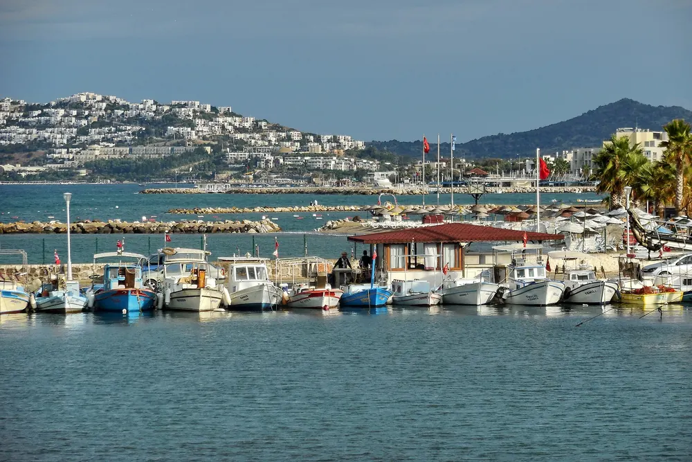 Turgutreis'in tepeden görünümü; marina ve yerleşim dokusu
