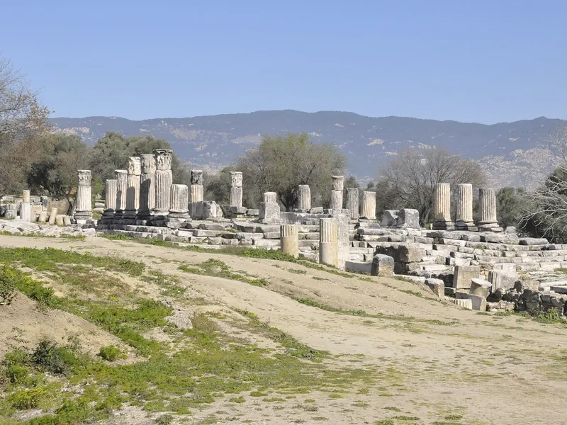 Lagina kutsal alanından genel görünüm, arkada dağlar